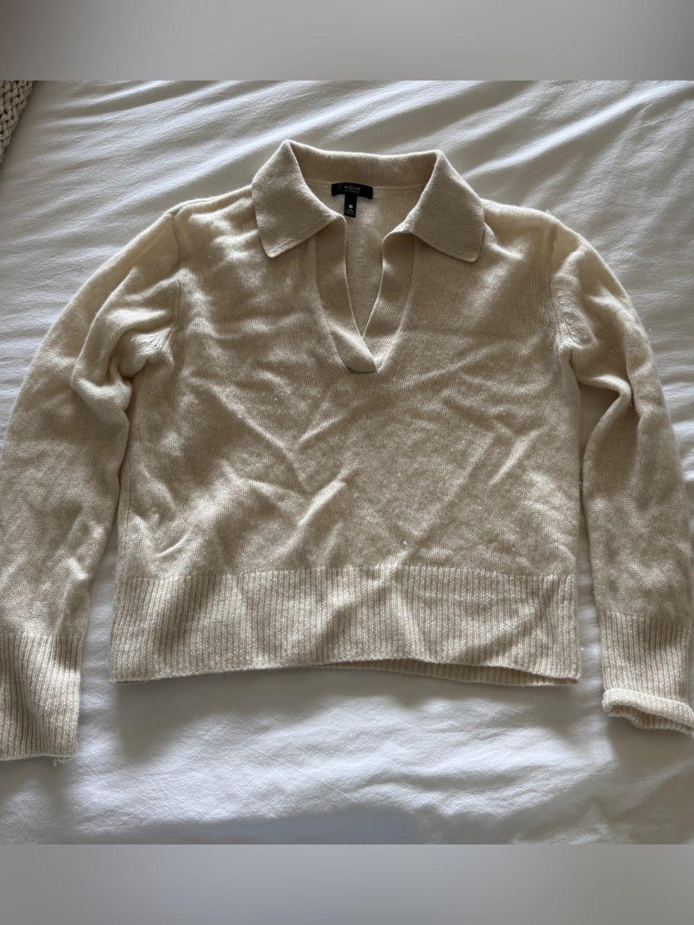 Aqua Cream Cashmere V-Neck Polo Knit Sweater